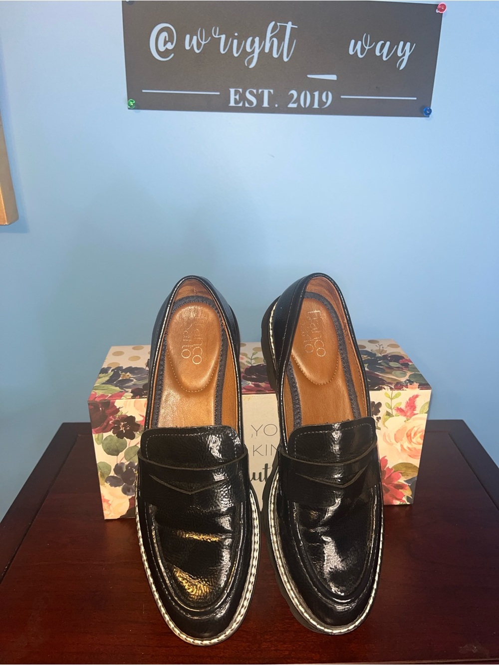 Franco Sarto Balin Lug Sole Loafers - Black Patent / Crinkle Leather, Size 7